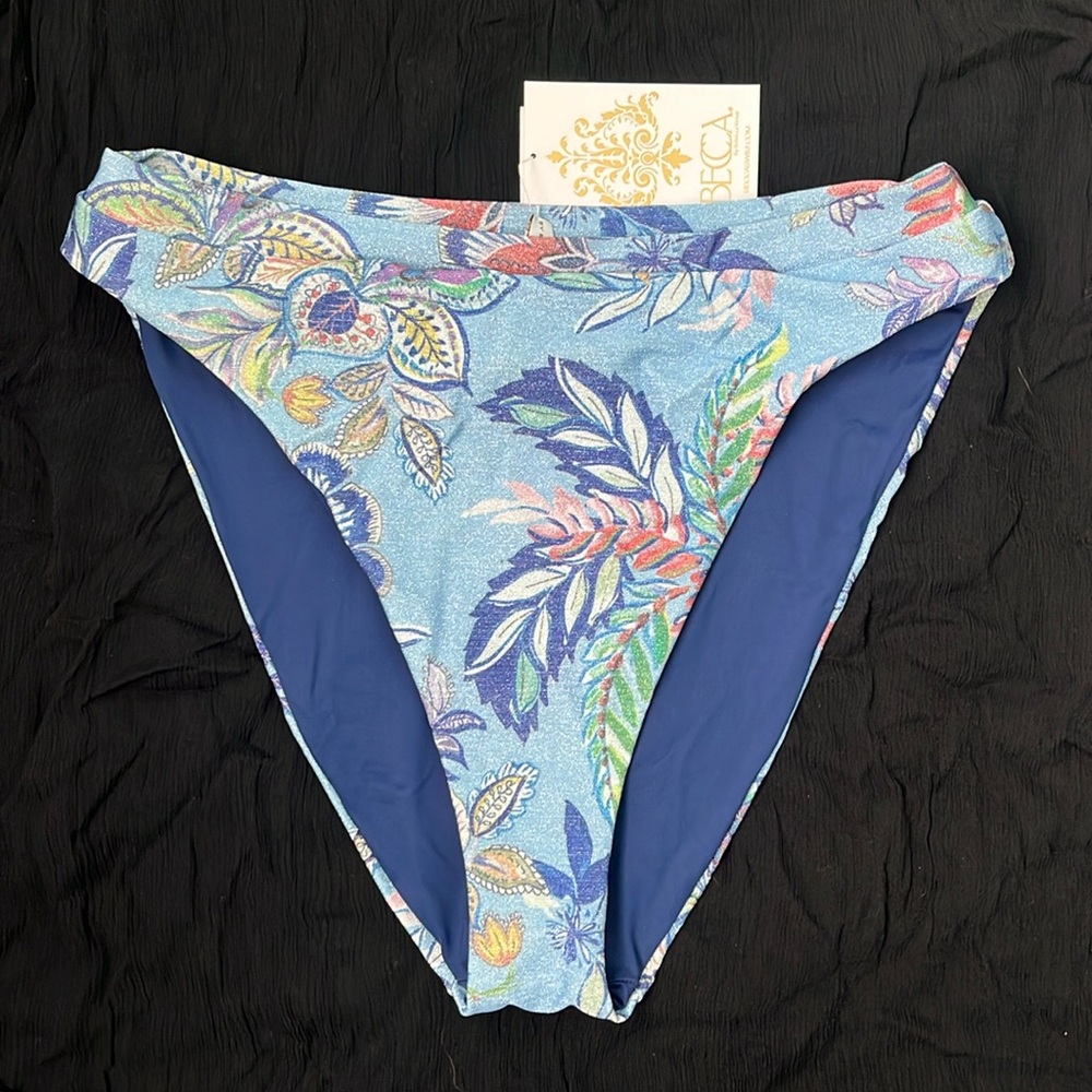 BECCA high-waisted bikini bottom. Minimal rear coverage. Shimmer blue floral. L